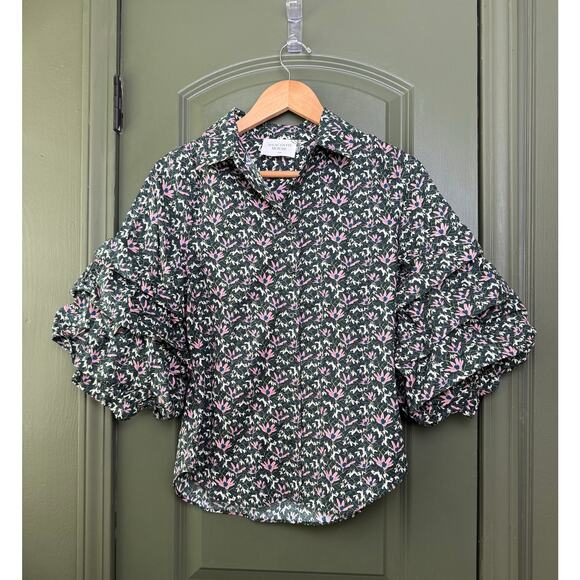 NWT Hyacinth House Noah Green Floral Ruffle Sleeve Button Down Fall Top XXS - Picture 2 of 6
